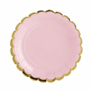 Prato de papel rosa claro com borda dorada