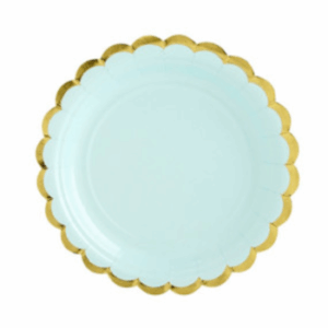 Prato de papel verde água com borda dourada